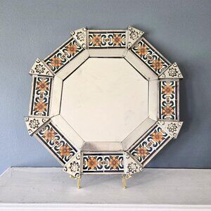 Mexican Punched Tin and Talavera Tile Octagonal Frame Floral Folk Art Boho Decor